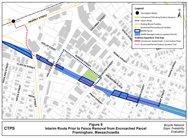 Figure 9 – Map illustrating an interim route for the Sudbury Aqueduct Trail prior to the removal of the fence (located beside the Arlington Street Basketball Park and behind the Amazing Things Arts Center) from atop the aqueduct.